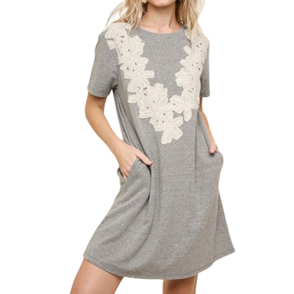Umgee Lace Embellished Pocket Shirt Dress